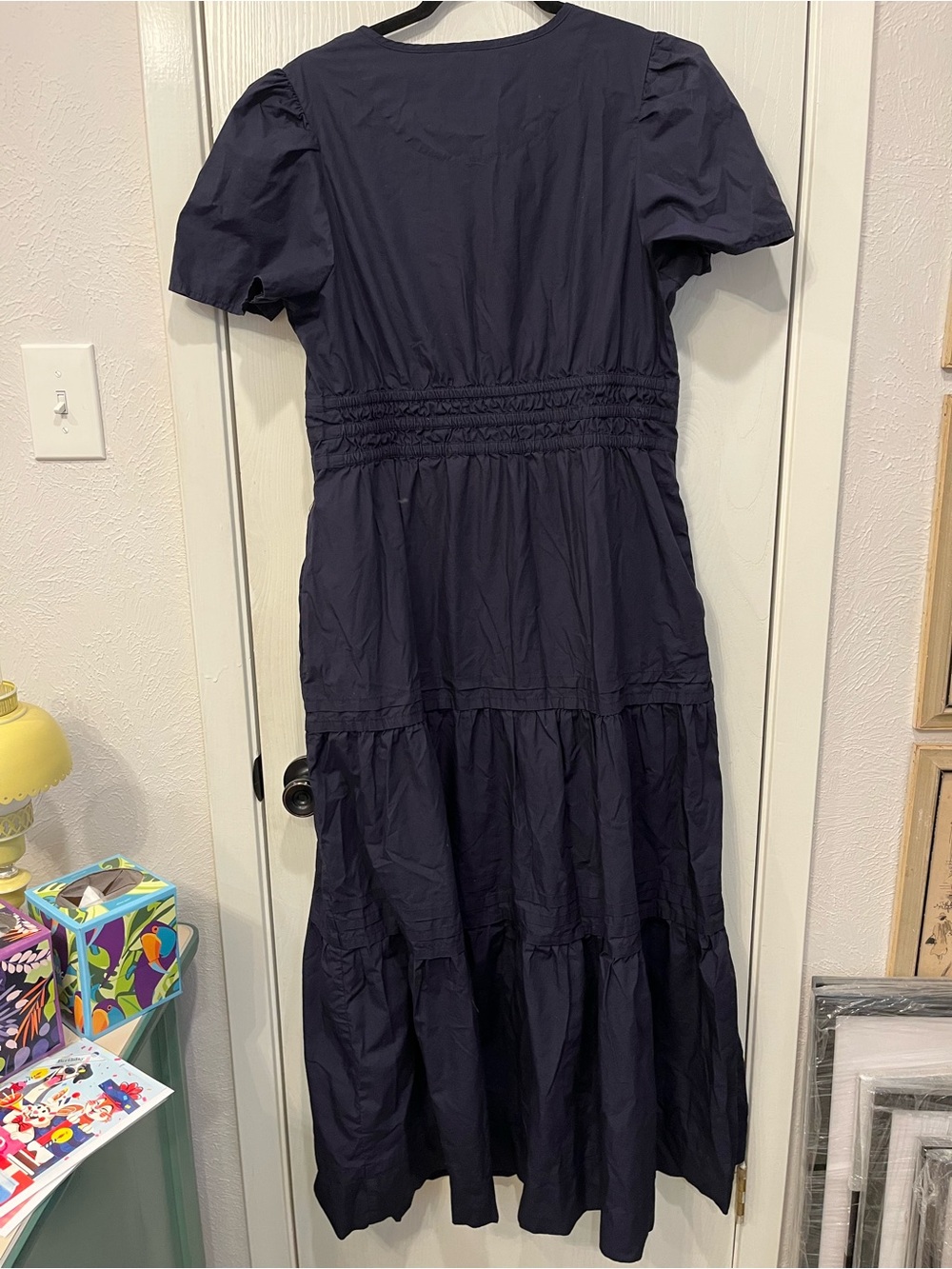 Quince Maxi Dress Navy Blue Organic Cotton Poplin Tiered Large - Picture 9 of 9